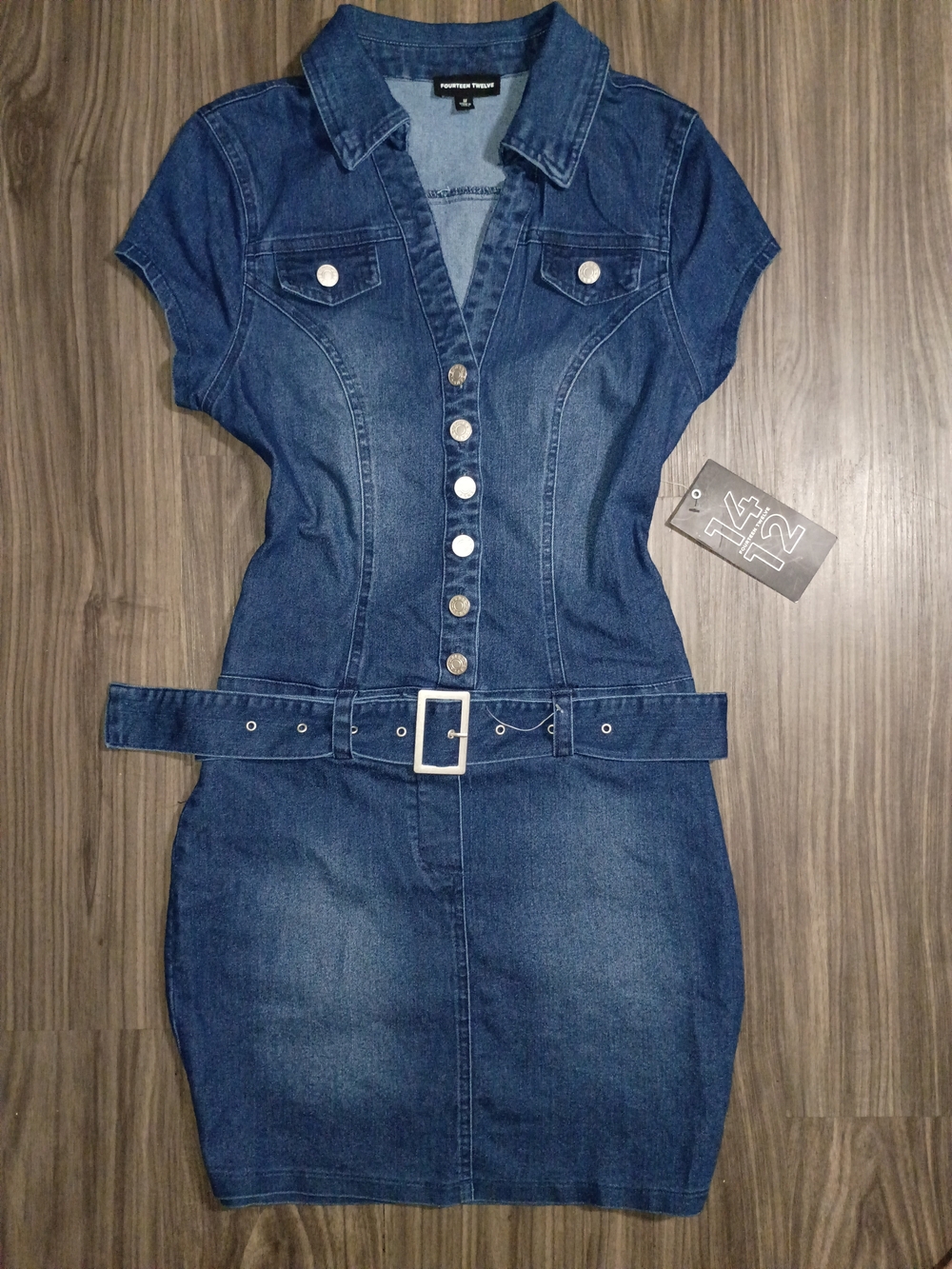 Womens Blue Denim Button-Front Dress with Belt